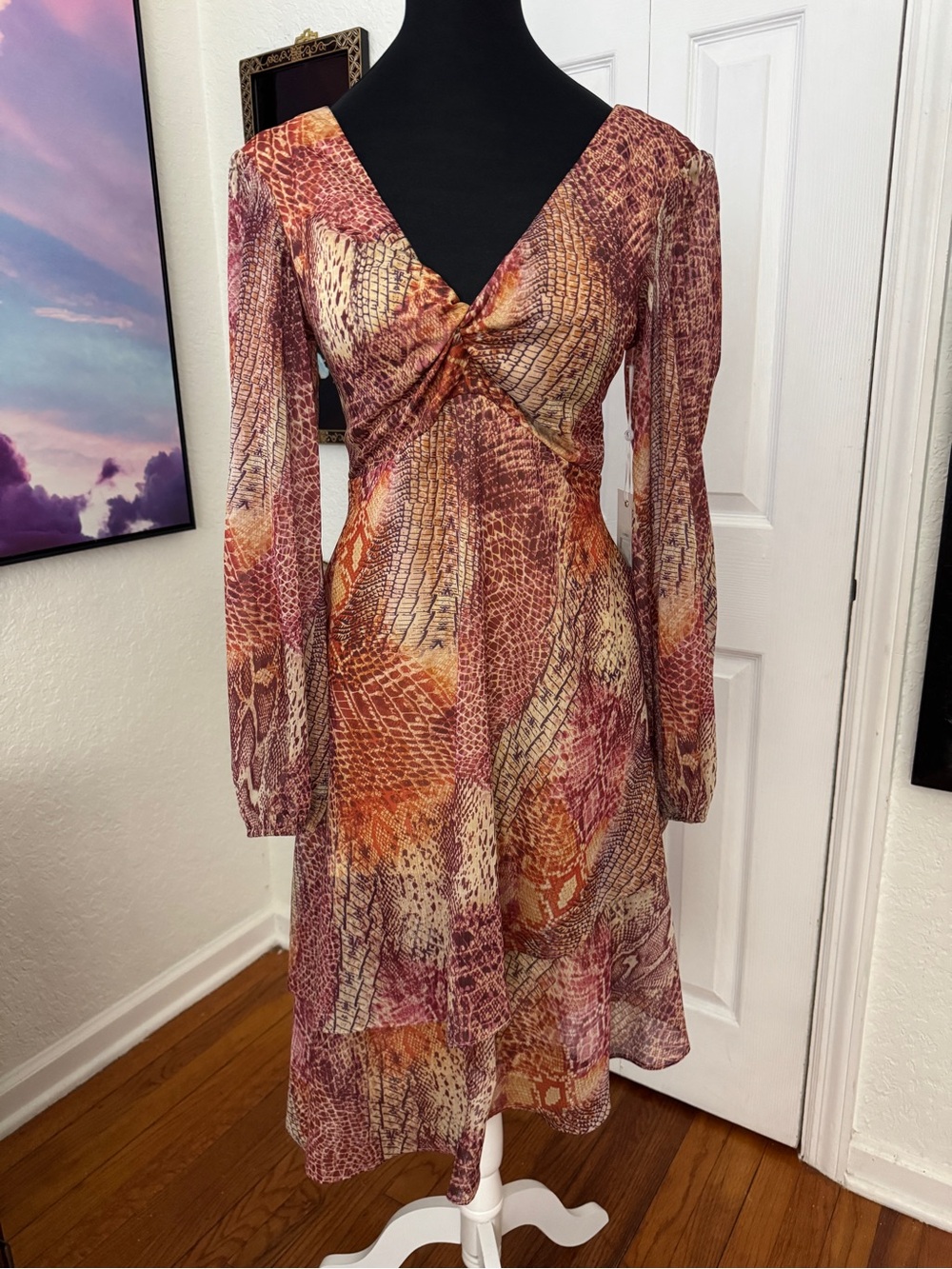 NWT Siena Studio Snakeskin Print Twist Front Long Sleeve Midi Dress sz 4